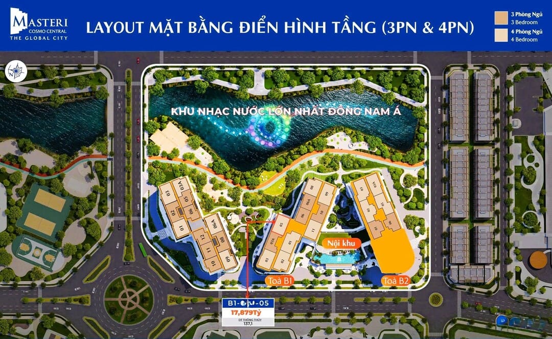 Căn hộ 4 phòng ngủ Masteri Cosmo Central view kênh đào nhạc nước