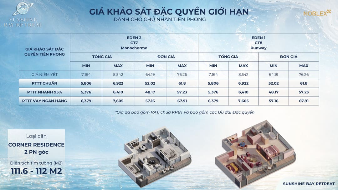 Bảng giá căn hộ góc Corner Residence 2 phòng ngủ